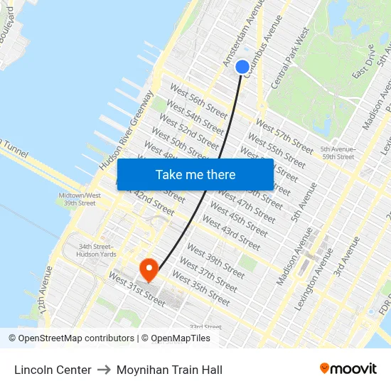 Lincoln Center to Moynihan Train Hall map
