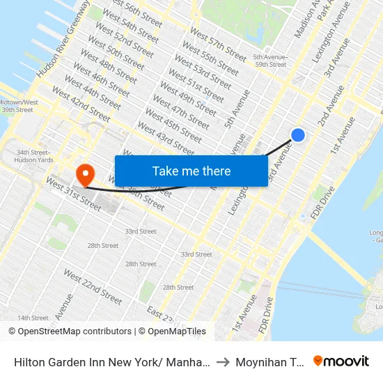 Hilton Garden Inn New York/ Manhattan Midtown East to Moynihan Train Hall map
