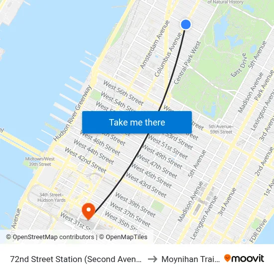 72nd Street Station (Second Avenue Subway) to Moynihan Train Hall map