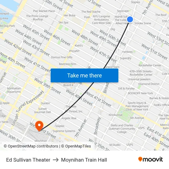 Ed Sullivan Theater to Moynihan Train Hall map