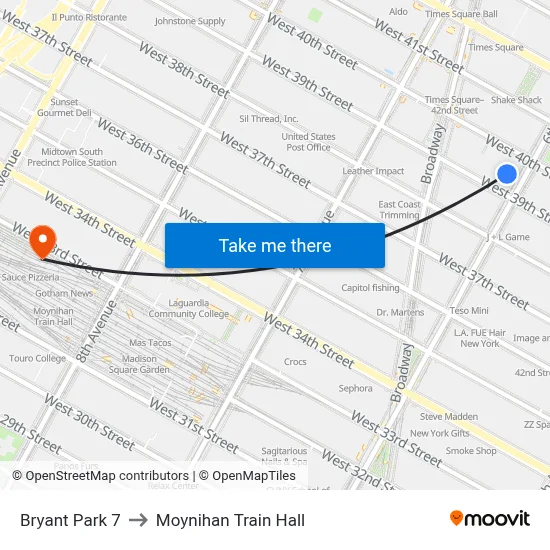 Bryant Park 7 to Moynihan Train Hall map