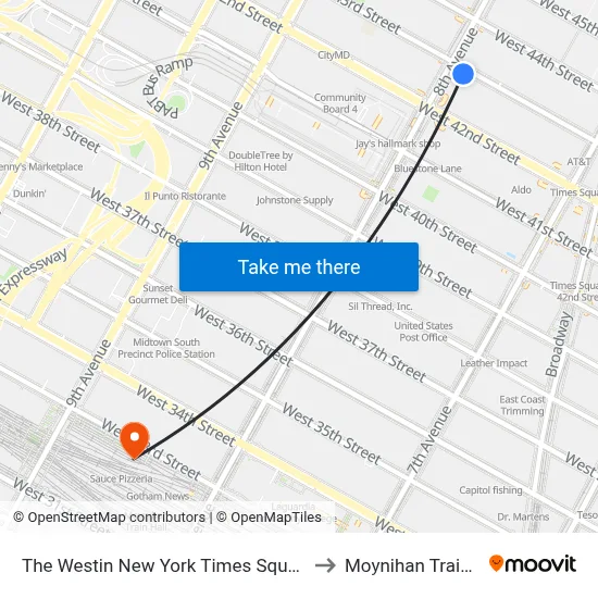 The Westin New York Times Square Hotel to Moynihan Train Hall map
