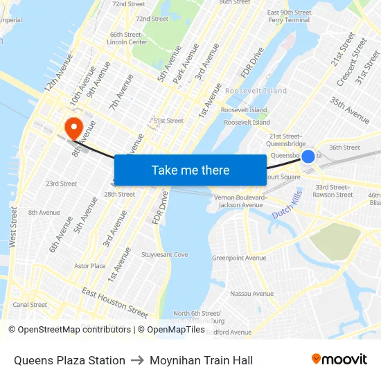 Queens Plaza Station to Moynihan Train Hall map