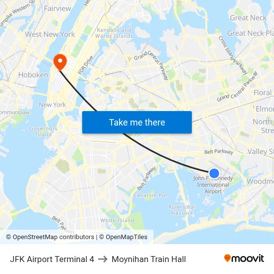 JFK Airport Terminal 4 to Moynihan Train Hall map