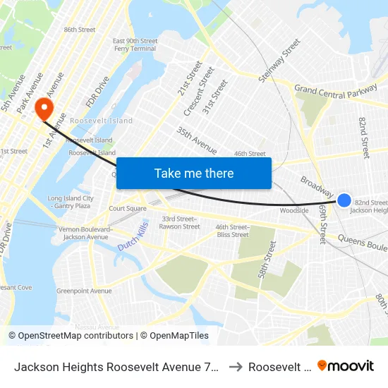 Jackson Heights Roosevelt Avenue 74th Street Station to Roosevelt Island map