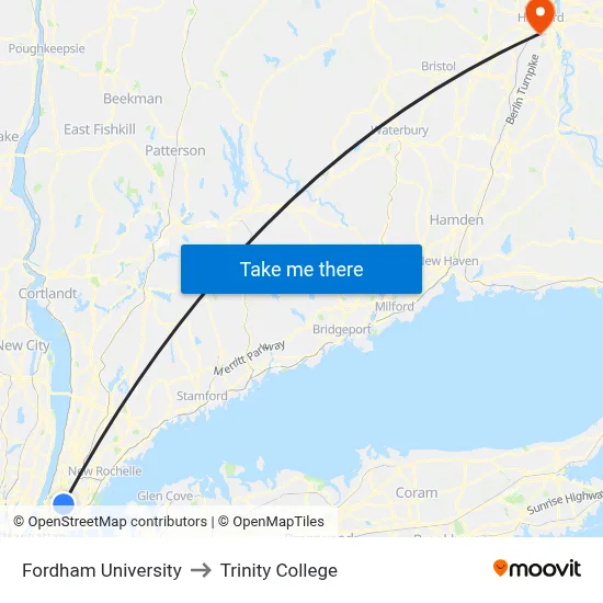 Fordham University to Trinity College map