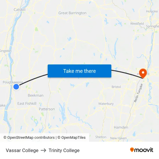 Vassar College to Trinity College map