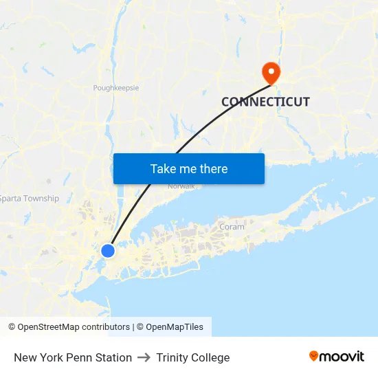 New York Penn Station to Trinity College map