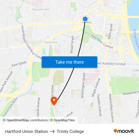 Hartford Union Station to Trinity College map