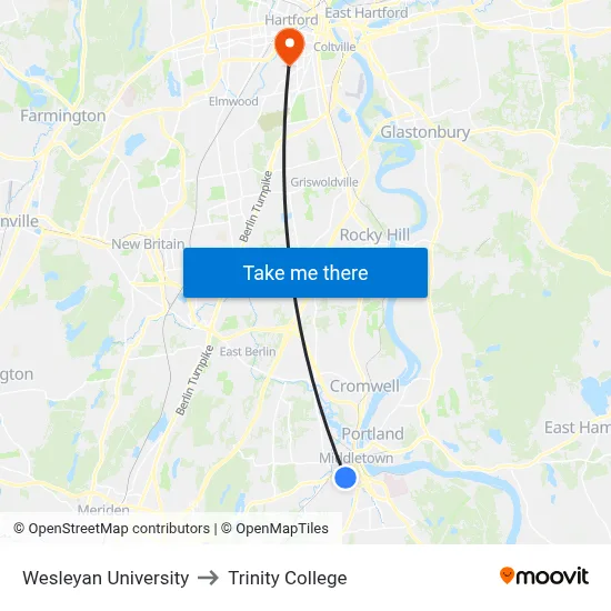 Wesleyan University to Trinity College map