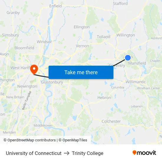 University of Connecticut to Trinity College map