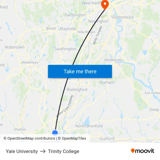 Yale University to Trinity College map