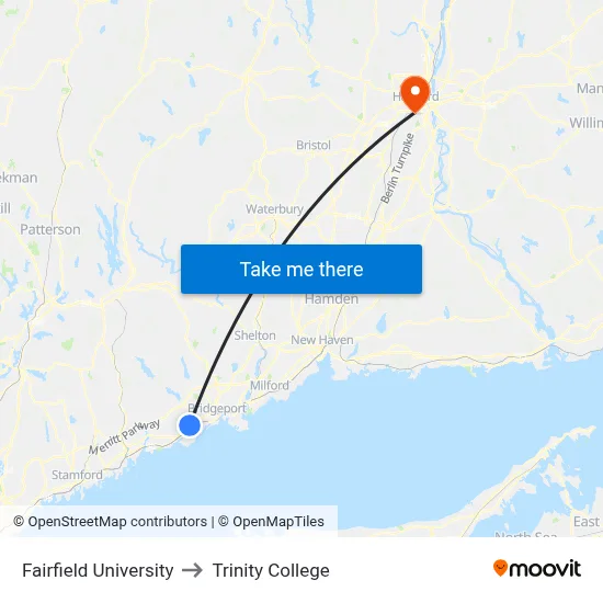 Fairfield University to Trinity College map