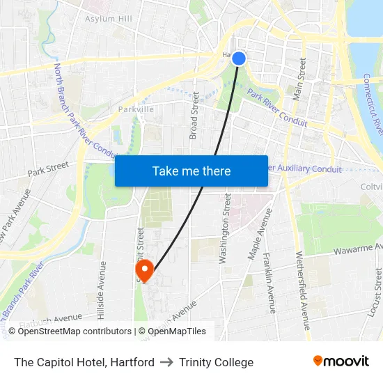 The Capitol Hotel, Hartford to Trinity College map