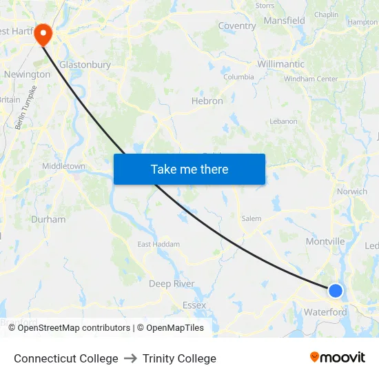 Connecticut College to Trinity College map