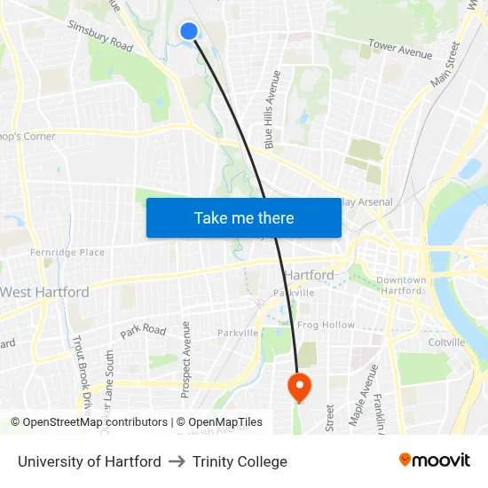 University of Hartford to Trinity College map