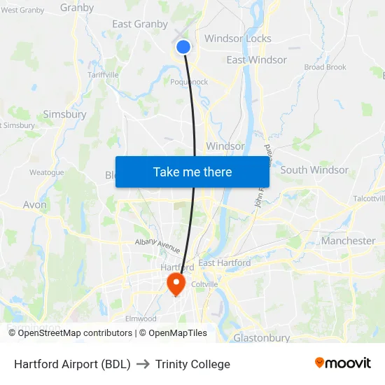 Hartford Airport (BDL) to Trinity College map