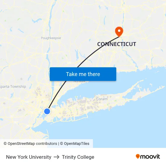 New York University to Trinity College map