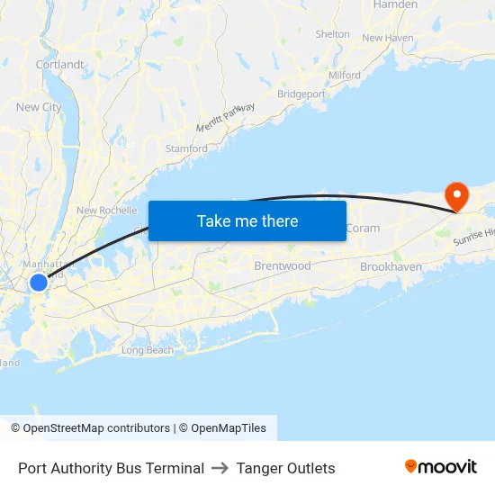 Port Authority Bus Terminal to Tanger Outlets map