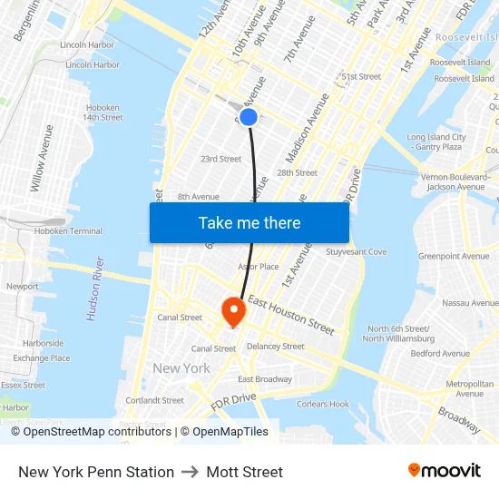 New York Penn Station to Mott Street map