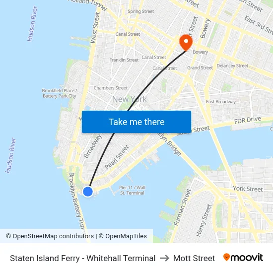 Staten Island Ferry - Whitehall Terminal to Mott Street map