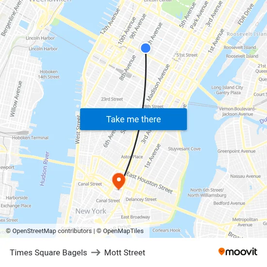 Times Square Bagels to Mott Street map