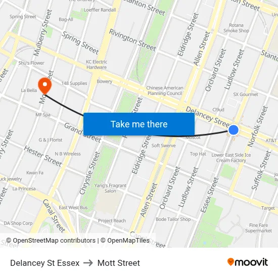 Delancey St Essex, New York, NY 10002 to Mott Street map