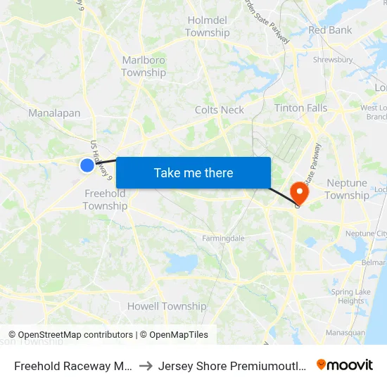 Freehold Raceway Mall to Jersey Shore Premiumoutlets map