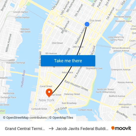 Grand Central Terminal to Jacob Javits Federal Building map