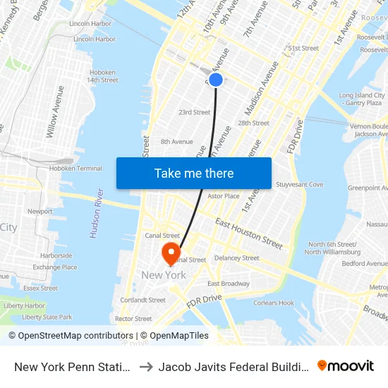New York Penn Station to Jacob Javits Federal Building map