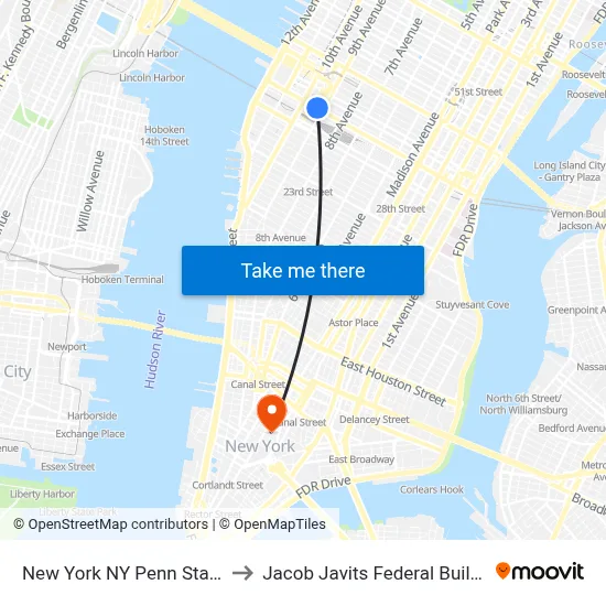 New York NY Penn Station to Jacob Javits Federal Building map