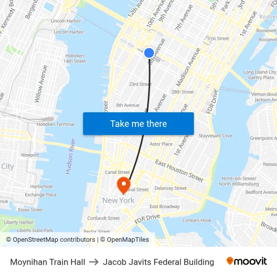 Moynihan Train Hall to Jacob Javits Federal Building map