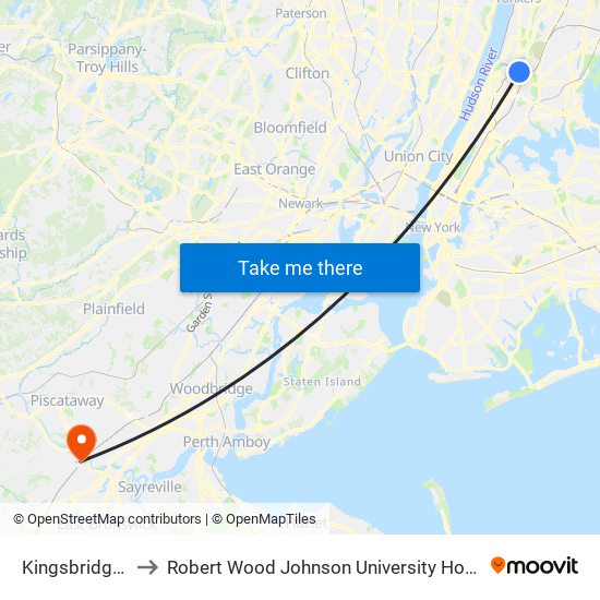 Kingsbridge Rd to Robert Wood Johnson University Hospital-ER map