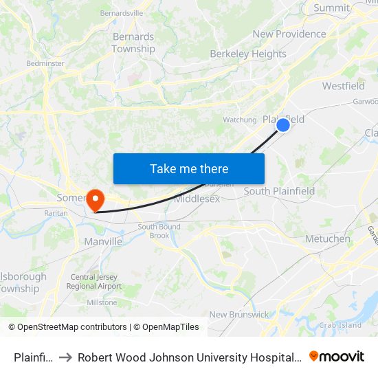 Plainfield to Robert Wood Johnson University Hospital Somerset map