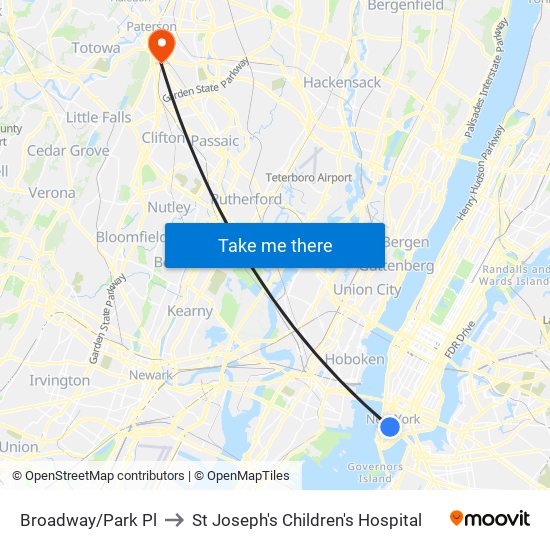 Broadway/Park Pl to St Joseph's Children's Hospital map