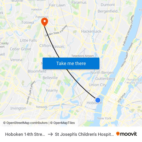 Hoboken 14th Street to St Joseph's Children's Hospital map