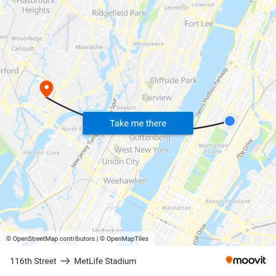 116th Street to MetLife Stadium map