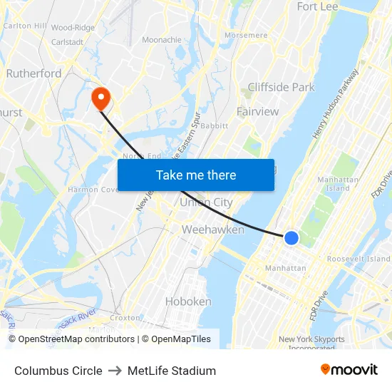 Columbus Circle to MetLife Stadium map