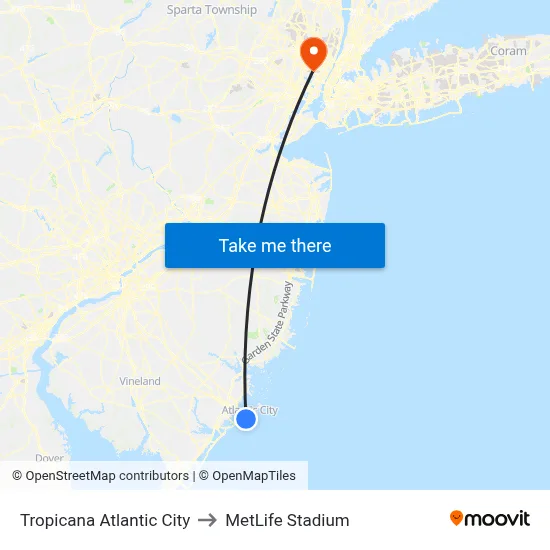 Tropicana Atlantic City to MetLife Stadium map
