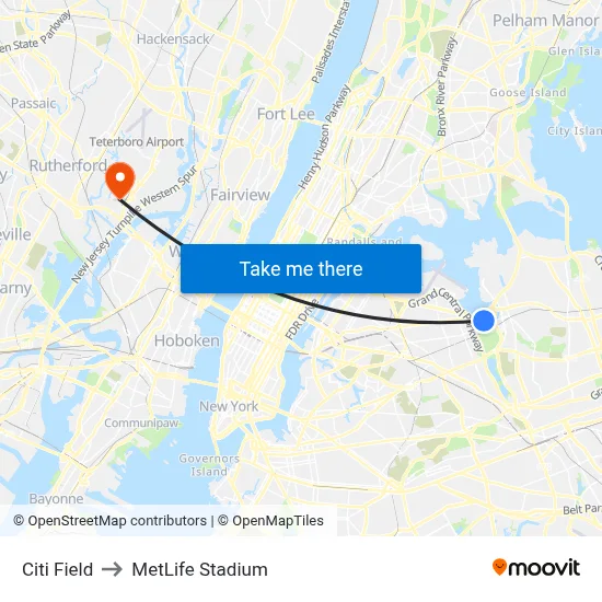 Citi Field to MetLife Stadium map