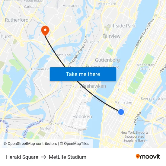 Herald Square to MetLife Stadium map