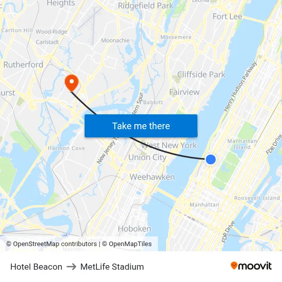 Hotel Beacon to MetLife Stadium map