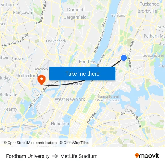 Fordham University to MetLife Stadium map