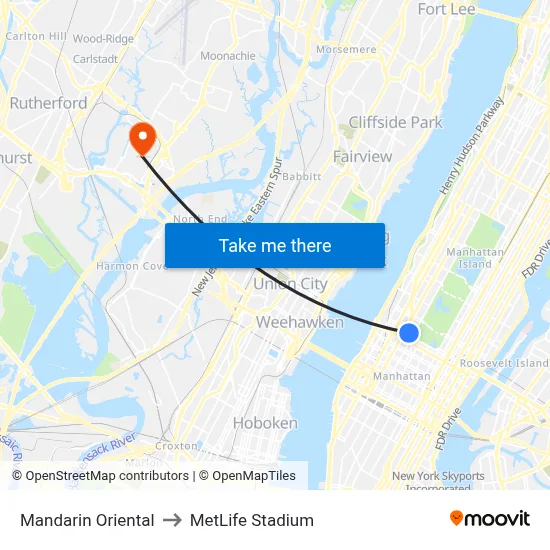 Mandarin Oriental to MetLife Stadium map