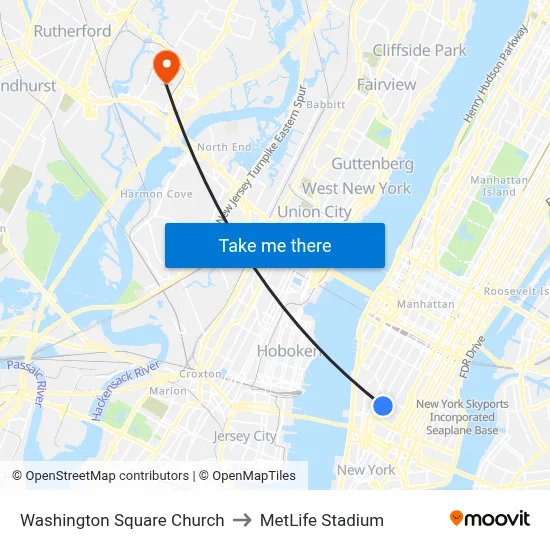 Washington Square Church to MetLife Stadium map
