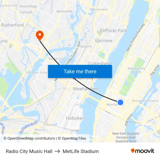 Radio City Music Hall to MetLife Stadium map