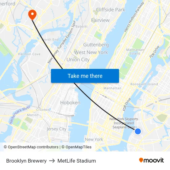 Brooklyn Brewery to MetLife Stadium map