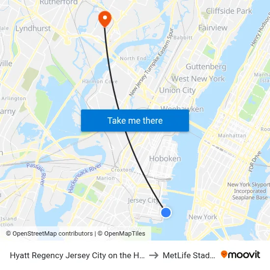 Hyatt Regency Jersey City on the Hudson to MetLife Stadium map
