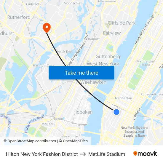 Hilton New York Fashion District to MetLife Stadium map