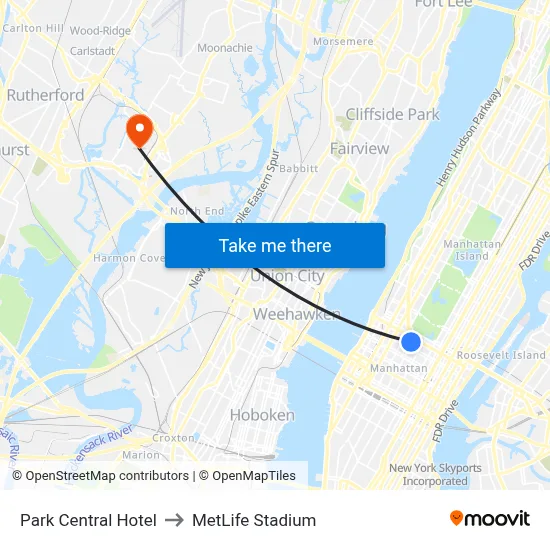 Park Central Hotel to MetLife Stadium map